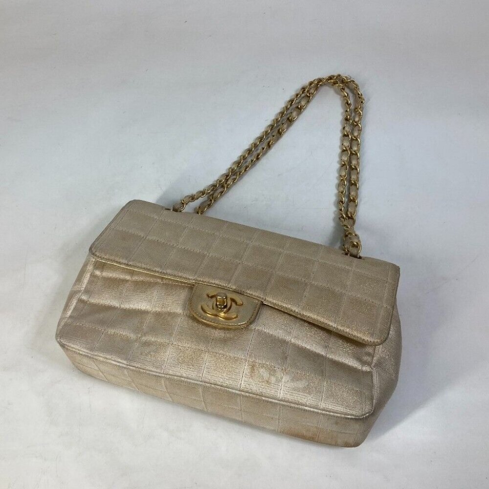 CHANEL CC Mark CC Chocolate bar Double Chain Crossbody Shoulder Bag Canvas Beige - Picture 6 of 16